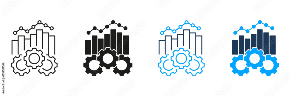 Poster bar chart and gears line and solid icon set. data analysis, process optimization, and performance me