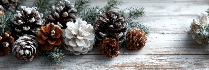 Winter decorations featuring snow-covered pinecones and evergreen branches on a rustic wooden surface