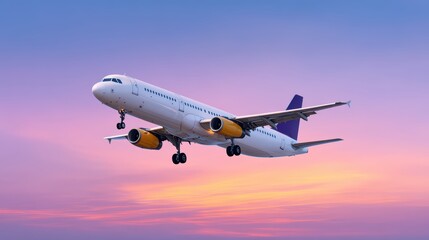 Naklejka premium Airplane Flying into Colorful Sunset Sky with Clouds