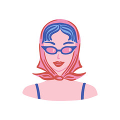 Stylish woman wearing sunglasses and headscarf. Summer Italian fashion. Hand drawn vector illustration of female portrait in retro style on white background. Mediterranean aesthetic