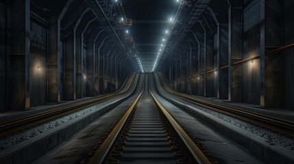 Fototapeta premium Industrial railway tunnel interior at night.