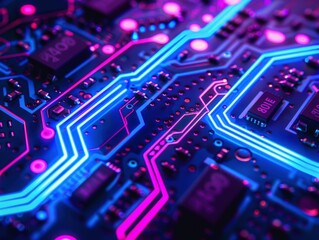 Obraz premium Close-up view of vibrant neon-lit circuit board.