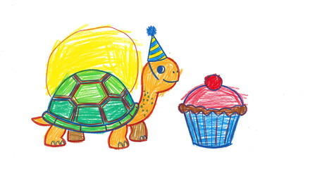 A crayon drawing shows turtle with party hat and cupcake, artwork is messy and expressive. Crayon drawing shows child's style artwork, very naive.