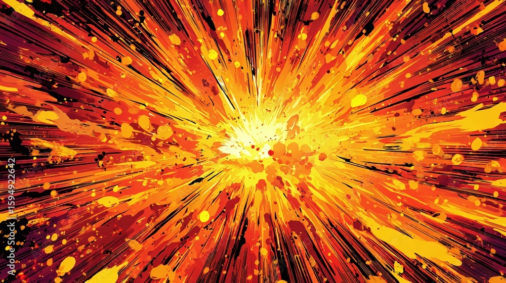 Poster abstract burst of fiery colors, radiating from a central point. dynamic explosion of energy and warm