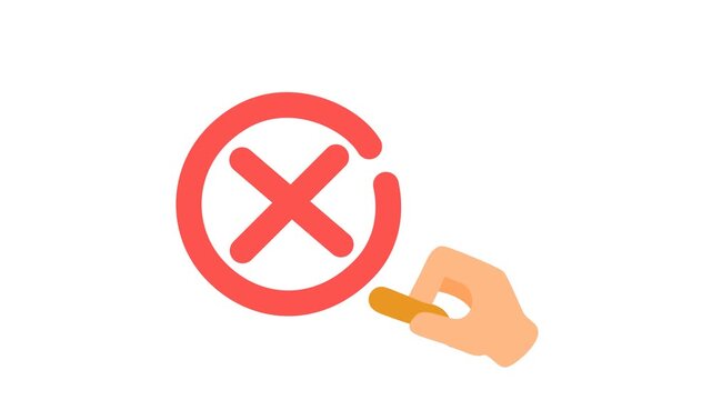 Task canceled with a cross mark icon in a cartoon animation. Project rejection symbol. Quality control fail sign. Decline or delete confirmation. Alpha channel.