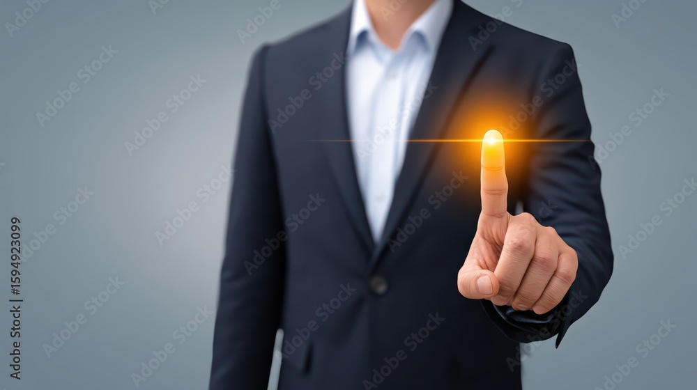 Poster businessman touching virtual interface with glowing button