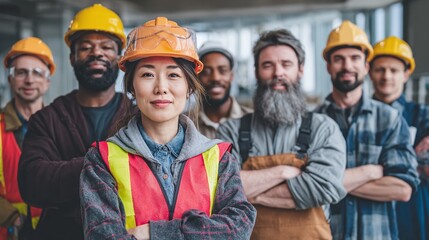 Diverse Construction Crew: A group of confident construction workers standing together, showcasing teamwork and expertise in safety gear, ready to build.