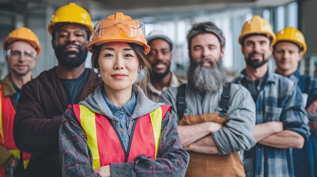 Diverse Construction Crew: A group of confident construction workers standing together, showcasing teamwork and expertise in safety gear, ready to build.