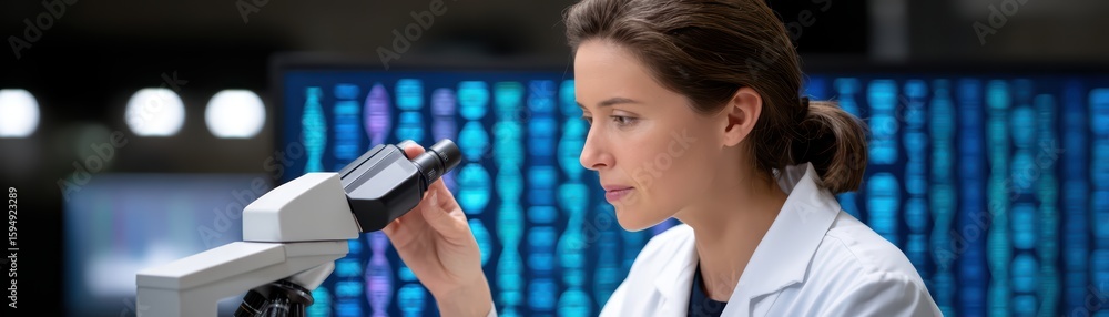 Poster scientist examining sample with microscope in laboratory