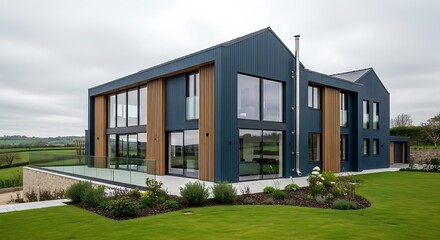 Modern architectural home design with large windows and wood accents luxury real estate outdoor view