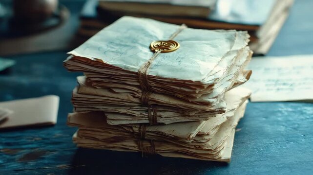Stacked antique letters bound by string and sealed with wax on wooden table