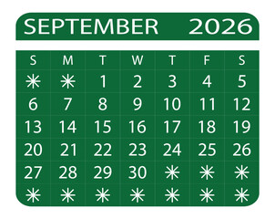Minimalist September 2026 Calendar. EPS 10