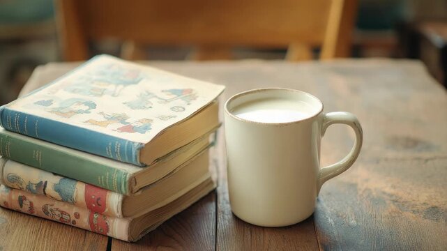 Stack of vintage books with cup hot drink on wooden table