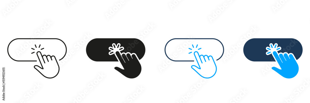 Poster hand clicking button line and solid icon set. user interaction, click action, interface navigation s
