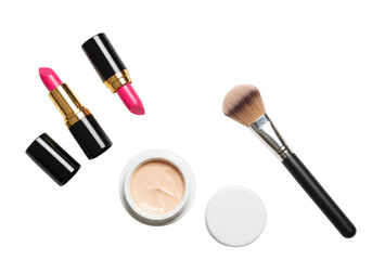 Two pink lipsticks in black and gold tubes, white jar with beige foundation, and black makeup brush meticulously arranged on a clean white studio background with copy space, high-end beauty product