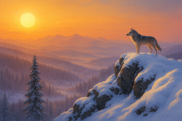 Wolf on snowy mountain peak at sunset image