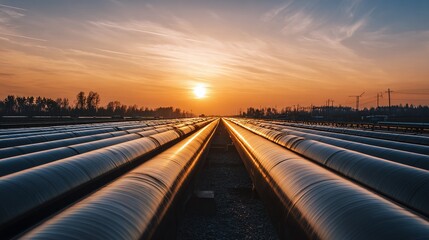 Pipes stretch into the distance as the sun sets, creating a striking visual of infrastructure and nature. The glow of the sun reflects off the metal.