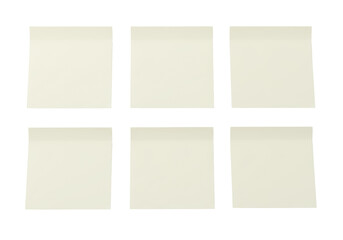Fototapeta premium Six blank, off-white, square paper notes with subtle curled edges, precisely arranged in a grid on a transparent background with ample copy space, flat lay studio photo. Concept of organization and