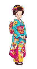 Fototapeta premium Young girl in colorful kimono standing with hands clasped for Tanabata 