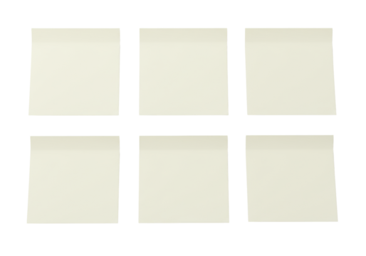 Six blank, off-white, square paper notes with subtle curled edges, precisely arranged in a grid on a transparent background with ample copy space, flat lay studio photo. Concept of organization and