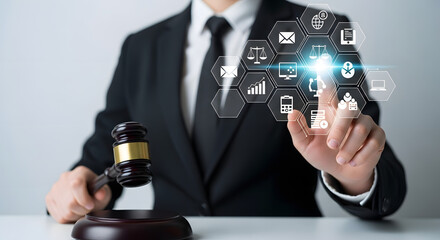 A person in a suit holding a gavel, interacting with digital icons.