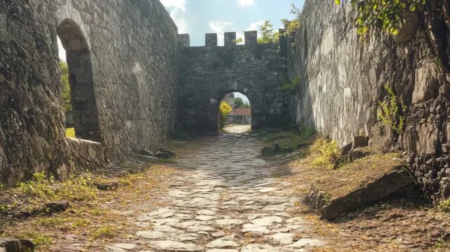 Narrow stone pathway through ancient walls, medieval architecture