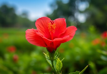 Fototapeta premium 鮮やか赤色ハイビスカス 輝く朝陽浴びて