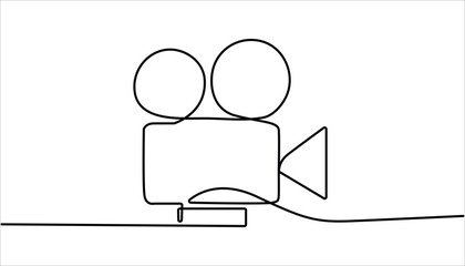 video camera icon continuous one line drawing, Continuous one line drawing of video camcorder on tripod. Continuous one line drawing of a retro cinema camera. Vintage cinema camera isolated.