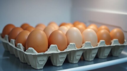 A close-up view of a carton of eggs neatly arranged on a refrigerator shelf.