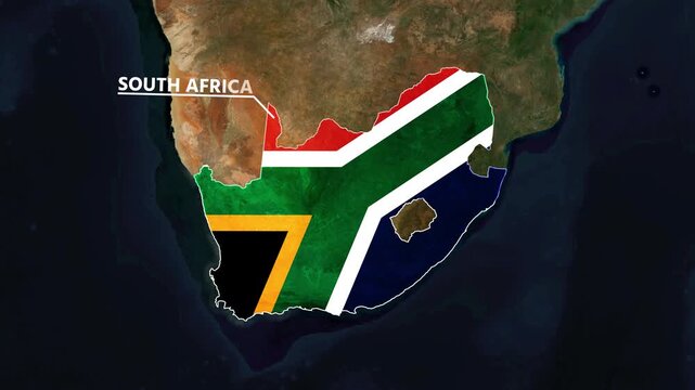 Zoom from Earth to South Africa. (Country Flag) World map animation with highlighted country borders. Satellite 3d world map animation highlights aerial views, tourism, and travel. 4k