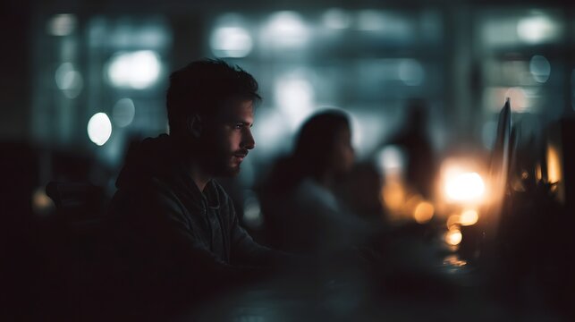 People working late in a dimly lit modern office with a focused deadline driven mood