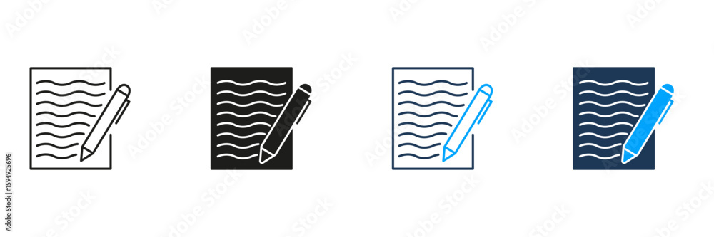 Aufkleber document and pen line and solid icon set. writing, note-taking, and documentation symbol collection.