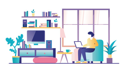 Illustration of a person sitting on a couch with a laptop in a living room with shelves and a window