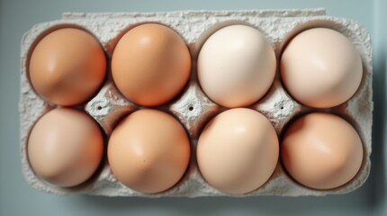 A square, overhead view showcasing several fresh eggs in a carton on the refrigerator shelf. 