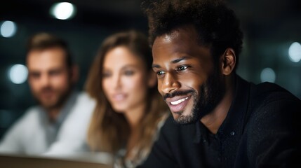 Fototapeta premium Startup team building pitch deck on laptop together