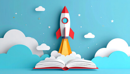 A paper cut style of a rocket launching from a book