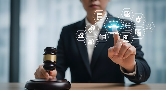 A person in a suit interacts with digital legal icons, holding a gavel.
