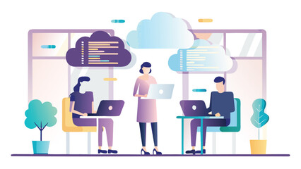 Illustration of three people working on laptops with cloud computing icons in an office setting indoors