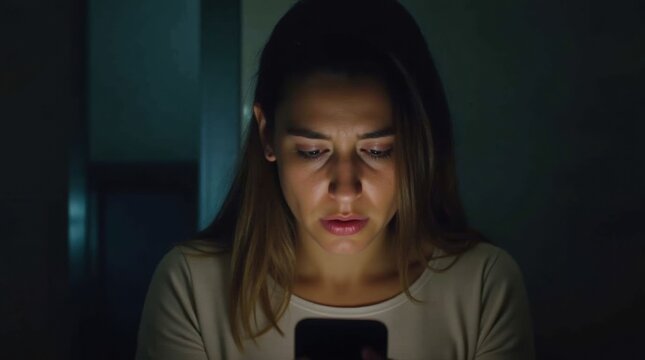 Frustrated woman reacts to unexpected news while looking at smartphone late at night