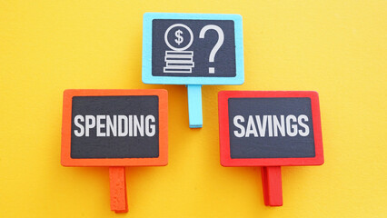 Spending vs savings strategy are shown using the text as Business and financial concept