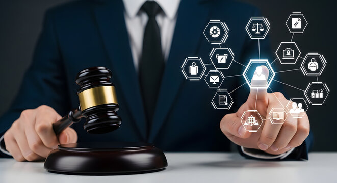 A person in a suit holding a gavel, interacting with digital legal icons.