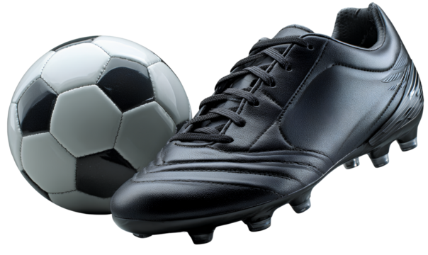 Black Soccer Cleat on Football, Transparent PNG