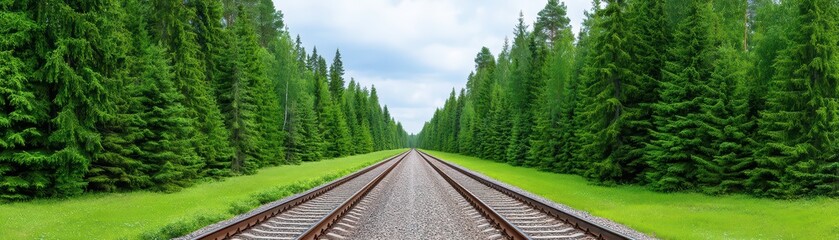 Fototapeta premium Tranquil Railway Track Through Lush Green Forest Landscape