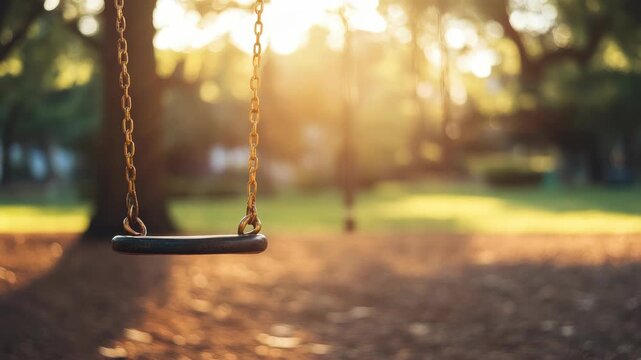 Empty swingset in tranquil park during sunrise, creating serene and nostalgic atmosphere
