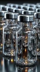 Clear glass vials filled with water displayed under soft lighting in a laboratory setting