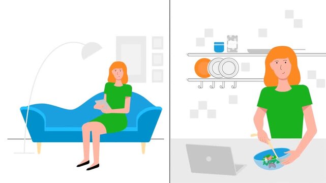 Woman relaxing on sofa using futuristic smart technology with robotic arm assistant in modern interior