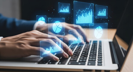 A person types on a laptop with floating data visualizations and charts above the keyboard.