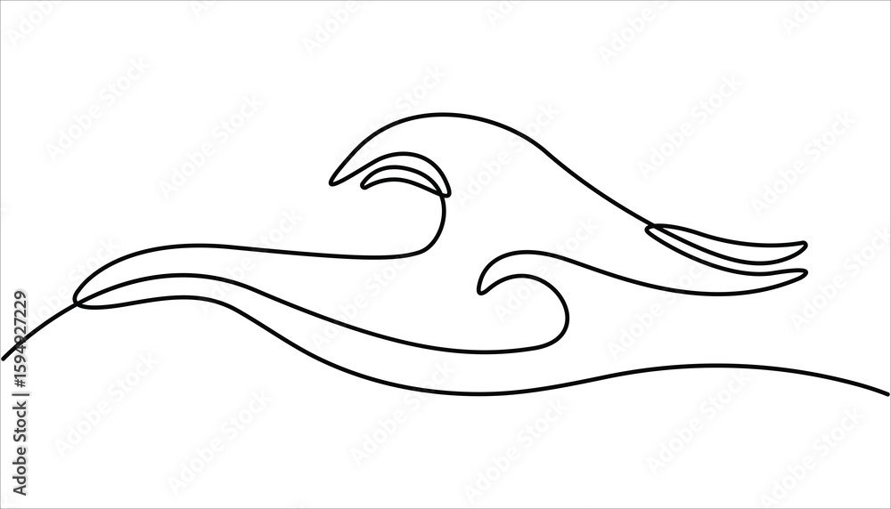 Poster one single line simple ocean wave drawing. sea wave continuous line drawing vector illustration, wav
