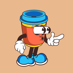 Retro character design of coffee cup suprised