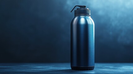 Dark blue metal water bottle on dark surface
